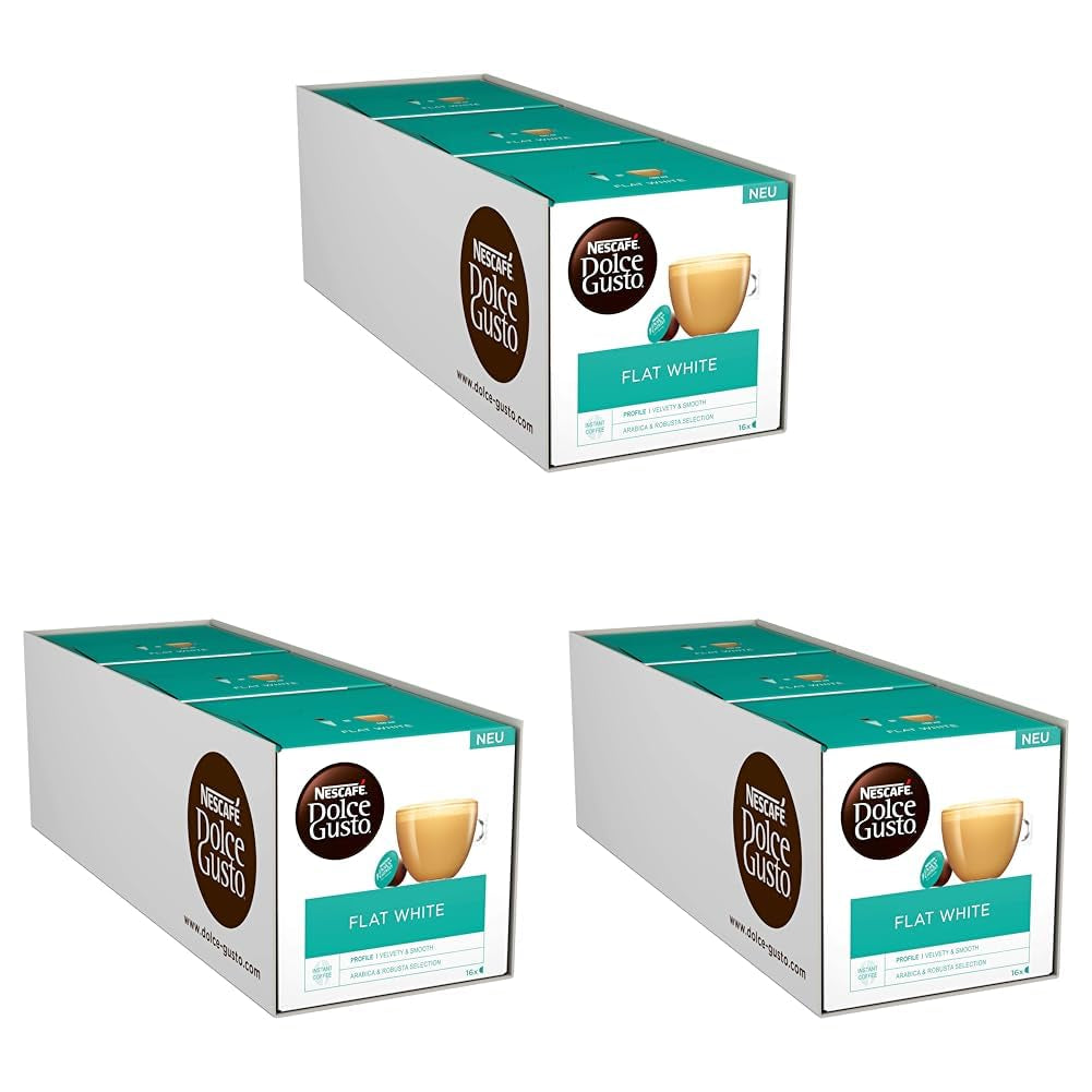 NESCAFÉ Dolce Gusto Flat White, 48 Kaffeekapseln, Arabica und Robusta Bohnen, Cremig-Milchiger Genuss, Kaffeekreation, Coffee-Shop Trend, Aromaversiegelte, 9er Pack (3x16 Kapseln)