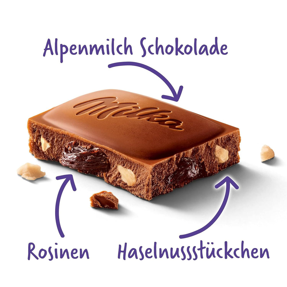 Milka Struguri și Alune – Ciocolată cu lapte alpină cu bucăți de alune și stafide – 90g