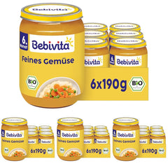 Økologiske fine grøntsager (6 x 190 g), fra 6 måneder, uden tilsat salt, den ideelle grøntsagskrukke til at starte supplerende fodring (pakke med 4)