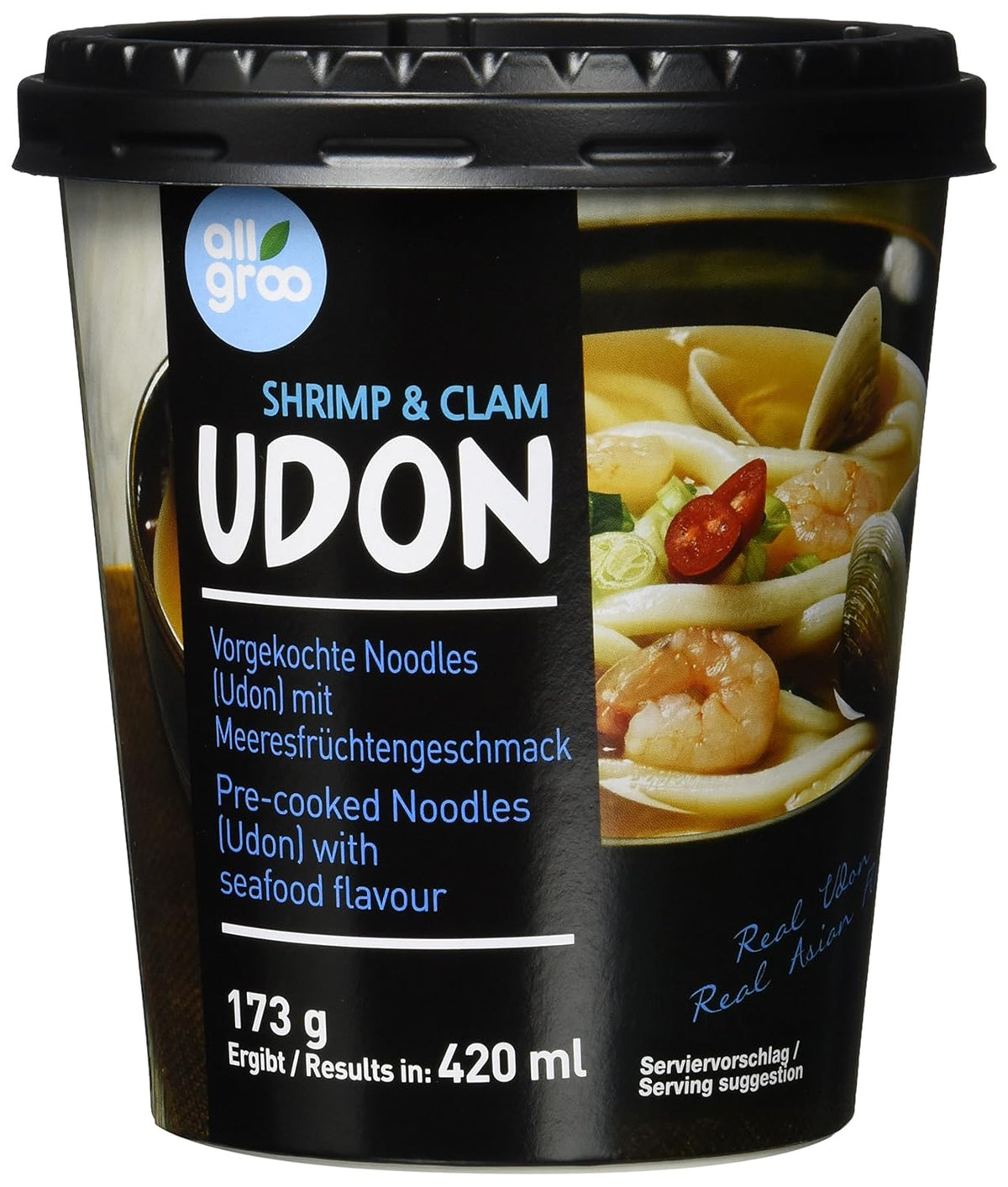 Allgroo Udon Cup instant nudler - smagfuld krydret skaldyr Udon suppe - Hurtig tilberedning (1 x 173 g)