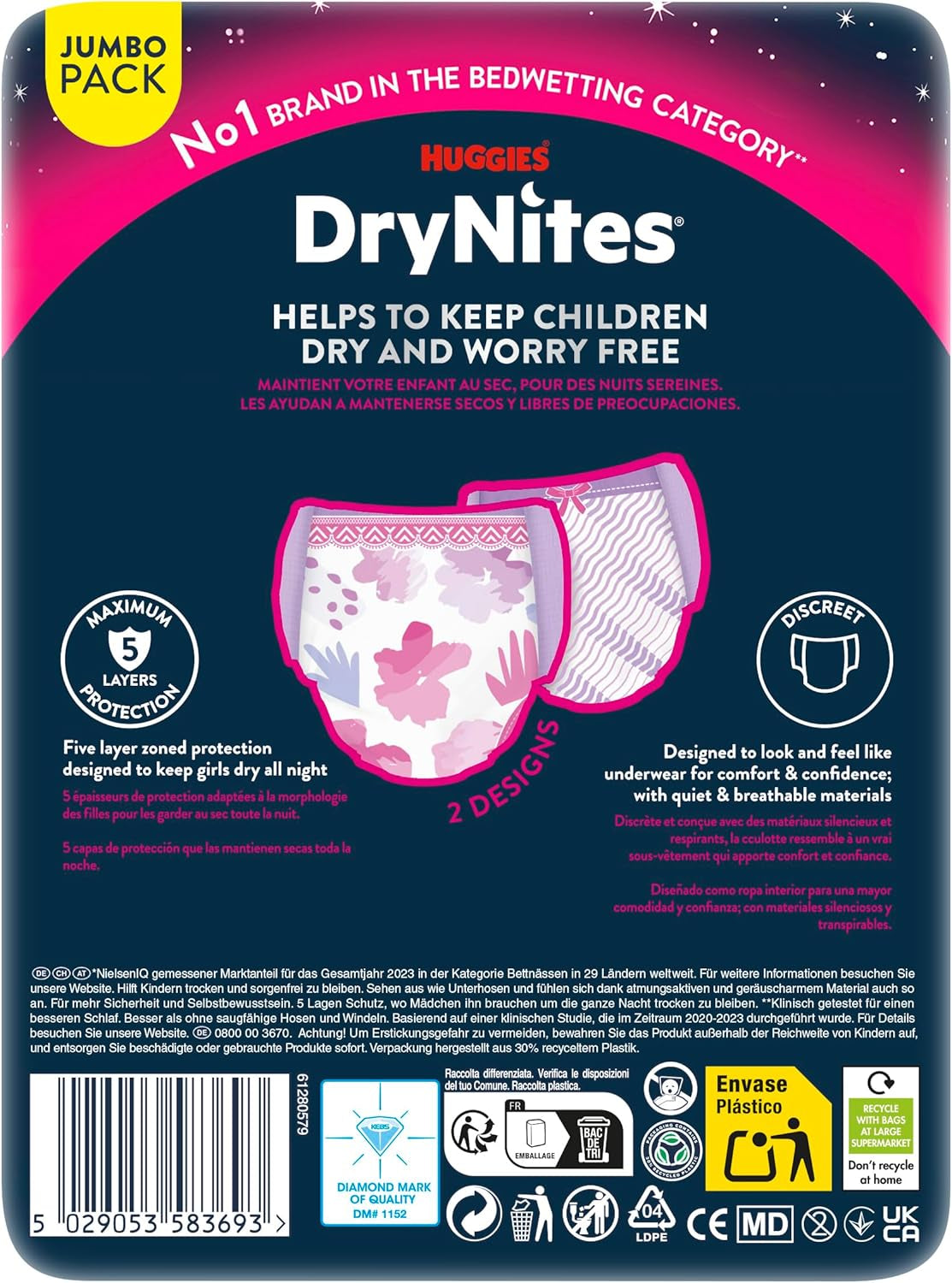 Huggies DryNites nattesengevædningsbleer til piger 13-ca. 17 år (48-60 kg) 33 count (3 x 11) Jumbo månedlig pakke XL blebukser