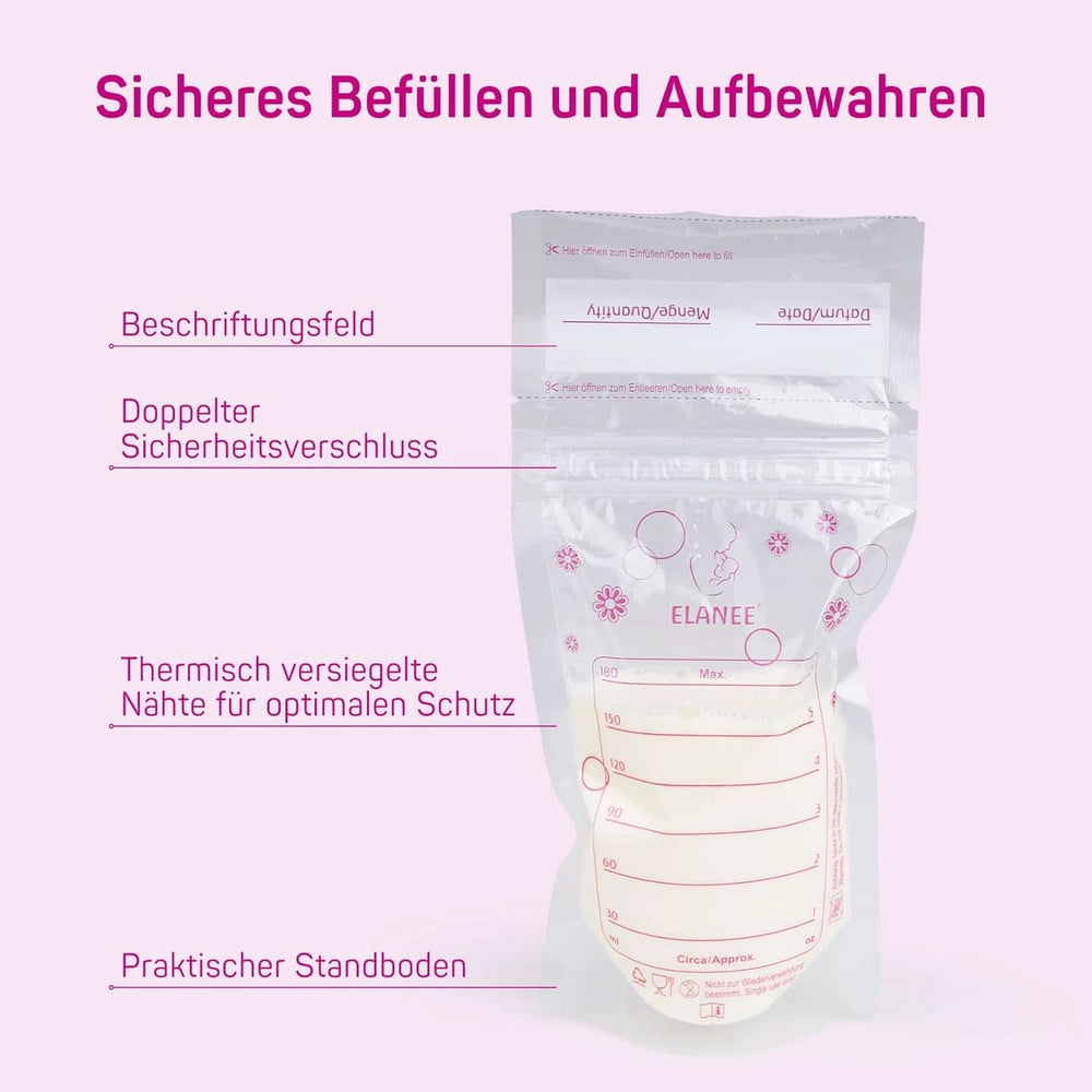 ELANEE Muttermilchbeutel, Aufbewahren & Einfrieren Von Muttermilch, Geschmackneutral Und Vorsterilisiert, Doppelter Sicherheitsverschluss, 20 Stück, Mit Standfuß (711-00) Babymad og ammetilbehør Naty Shop