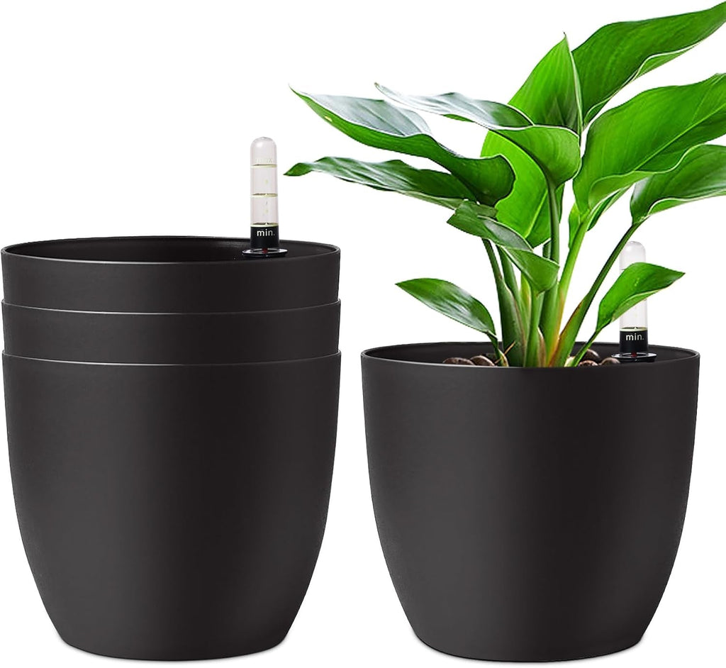 Ghiveci de flori T4U de 15 cm cu auto-udare și indicator de apă, alb, set de 4 ghivece, rezervor de apă cu auto-udare, pentru interior și exterior