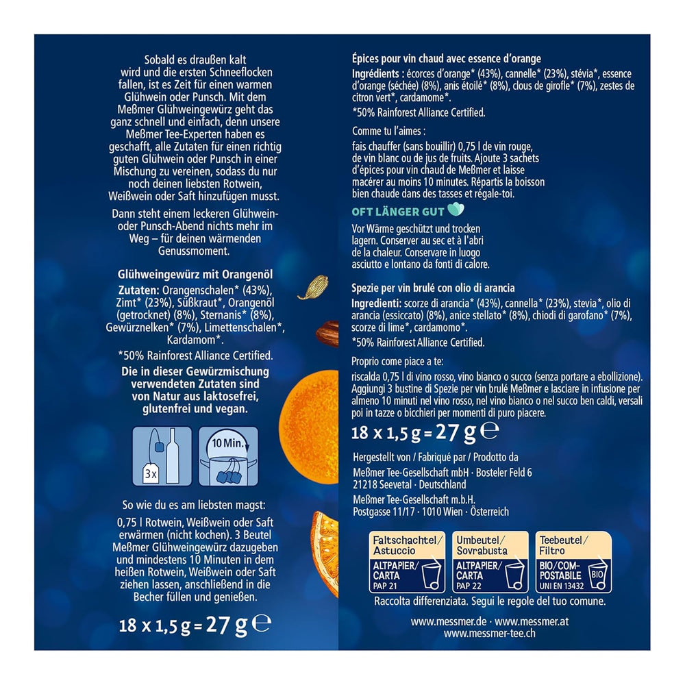 Meßmer Glühweingewürz | Til vin eller juice | 18 Teebeutel | Glutenfri | Laktosefri vegansk