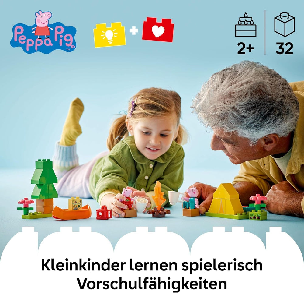 DUPLO Peppa Pig Campingausflug mit Papa Wutz – Montessori Spielzeug für Mädchen & Jungen ab 2 Jahren – inkl. Zelt, Kanu, Lagerfeuer und 2 Figuren – Fördert Motorik & Farberkennung – Geschenk - 10452