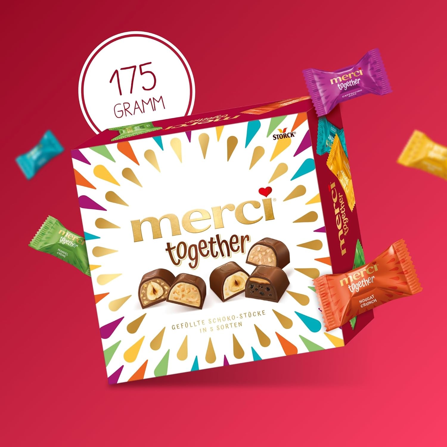 Merci Together - 1 x 175g - Fyldte chokolader i fem varianter med fin mælkechokolade - Chokoladepraliner til at dele og give som gaver