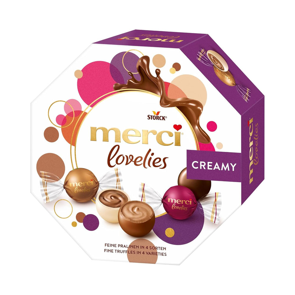 merci lovelies Cremet – 1 x 185g – Æske praliner med 4 fyldte chokoladespecialiteter – Chokoladekugler til at dele og give i gave