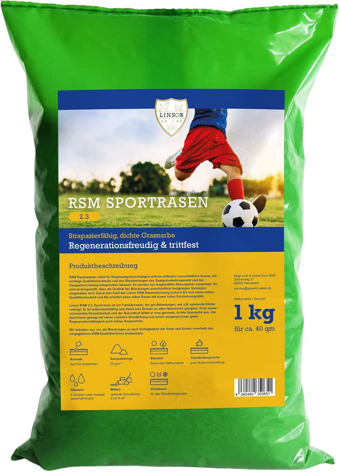 RSM 2.3 Sportrasen, Spielrasen, Trittfest, Robust, Dichte Grasnarbe, Alle Standorte, Regel Saatgut Mischung, 1Kg Für 40M²