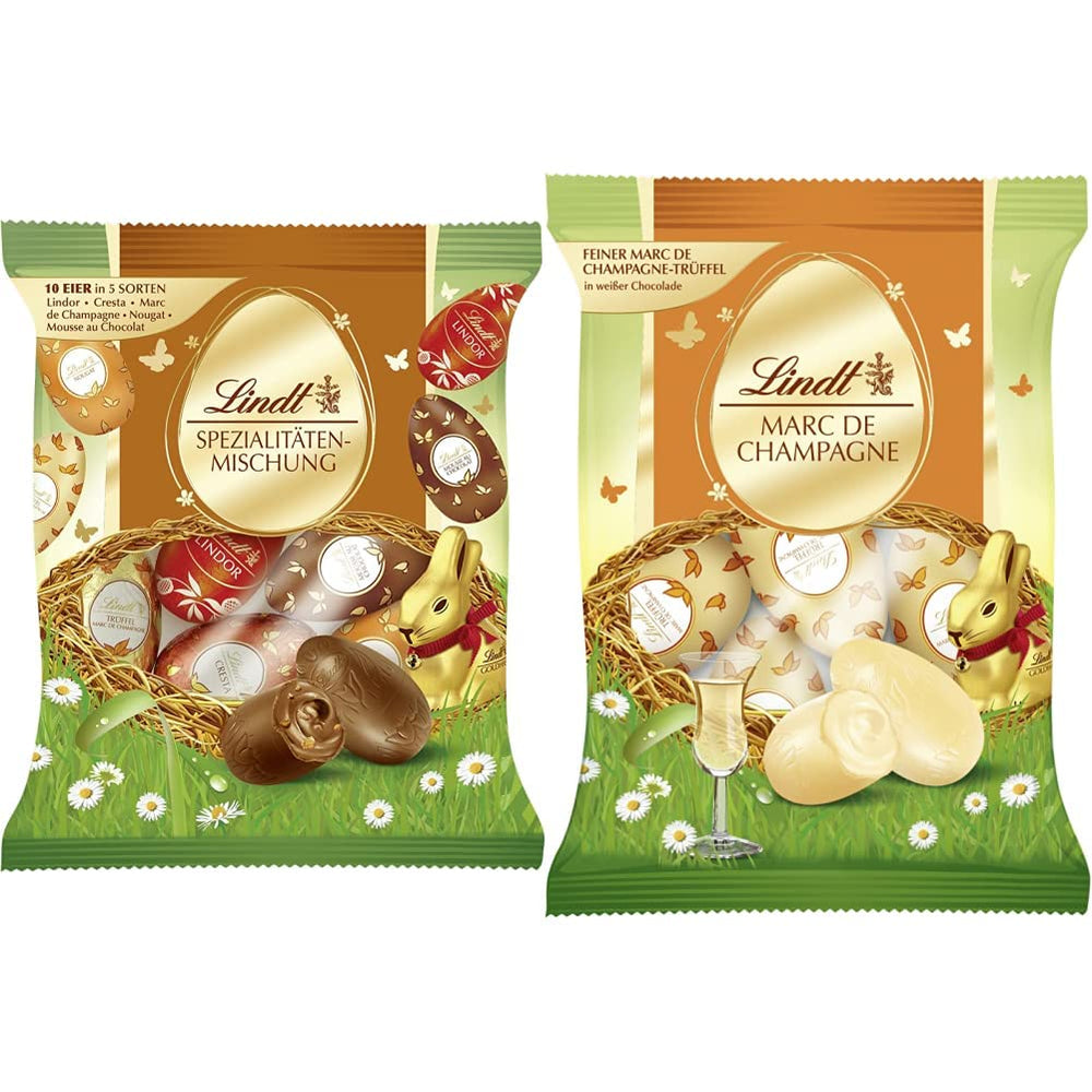 Speciel chokoladeblanding | 2 x 180g | Sødmælksæg i fem varianter med og uden alkohol (Æg Marc de Champagne og chokoladetrøfler | 3 x 90 g)