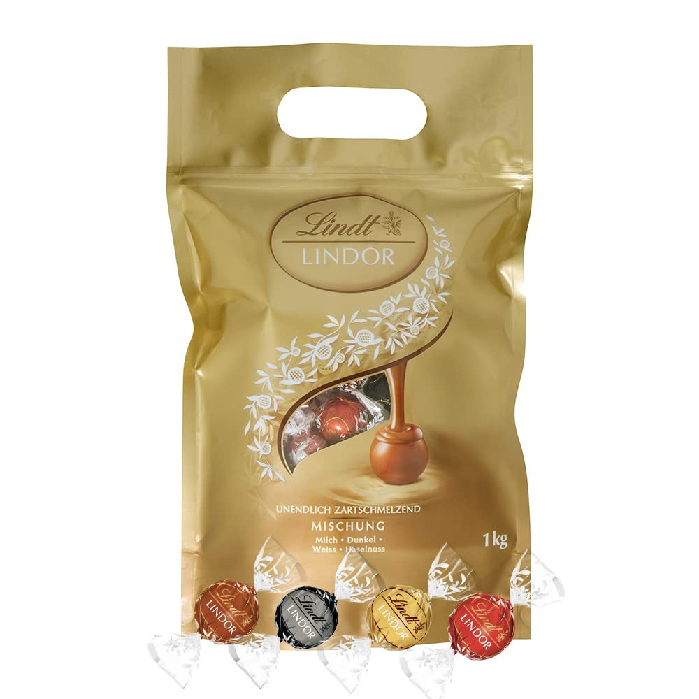 Sortiment Lindt Chokolade LINDOR | 1371 g, Klassisk | ca. 80 kugler chokolade (mælk, hvid, mørk 60%, hasselnød) | Bulkpakke, 1 kg