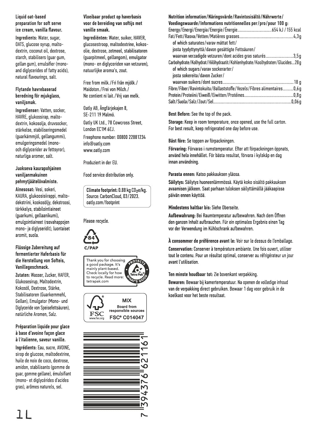 Oatly Soft Serve Mix til fremstilling af softice på plantebaseret basis i ismaskinen 1L, (6er-Pack)