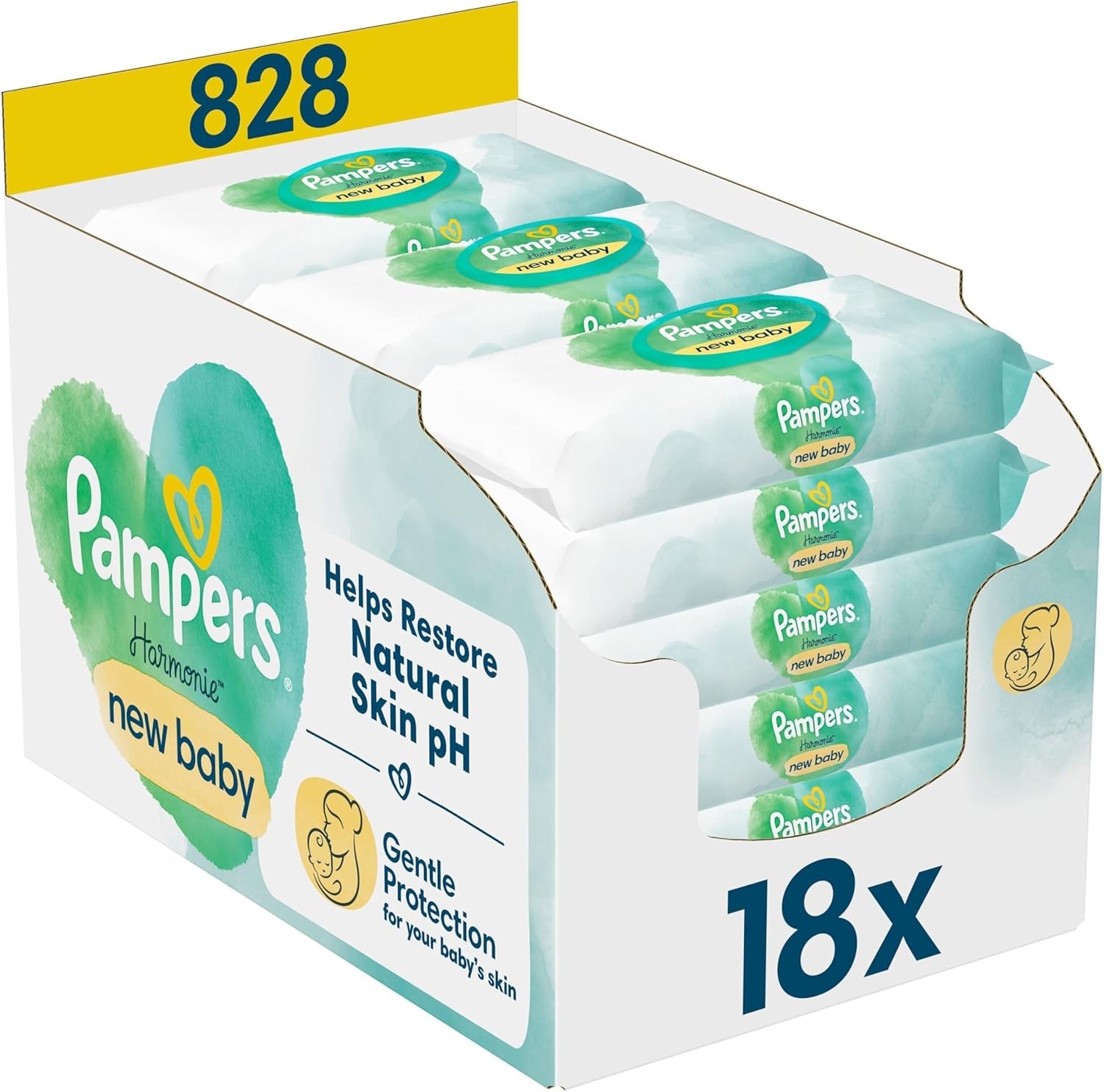 Pampers Harmonie Protect & Care vådservietter, 18 pakker med hver 44 servietter = 792 servietter, der hjælper med at genoprette hudens naturlige pH-balance