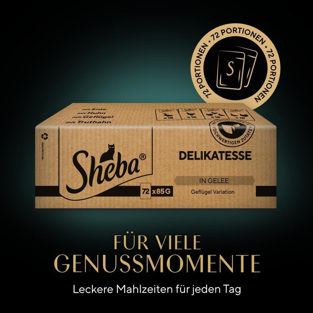 Hrană umedă pentru pisici SHEBA - 72 pliculețe x 85g - Varietate de păsări de curte în jeleu - Hrană umedă pentru pisici - 1 pachet mare
