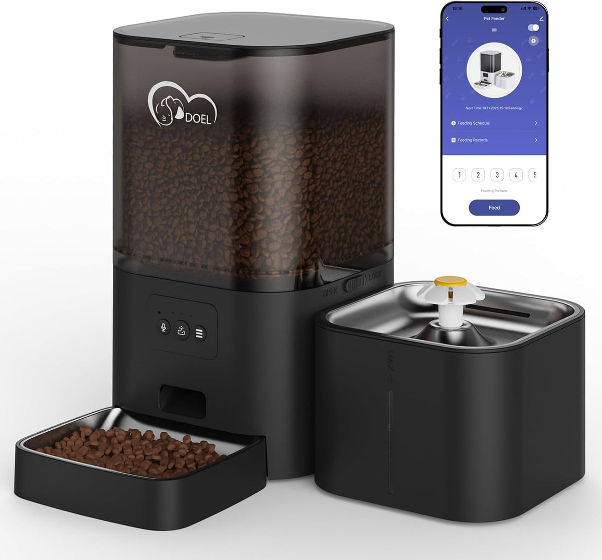 2-i-1-Automatik-Futter- og Wasserspender für Katzen, großvolumiger 6-Liter-Trockenfutterspender + 2,5-Liter-Wasserspender mit App-Steuerung, Sprachauzeichnung, zeitgesteuwerter Fütterung