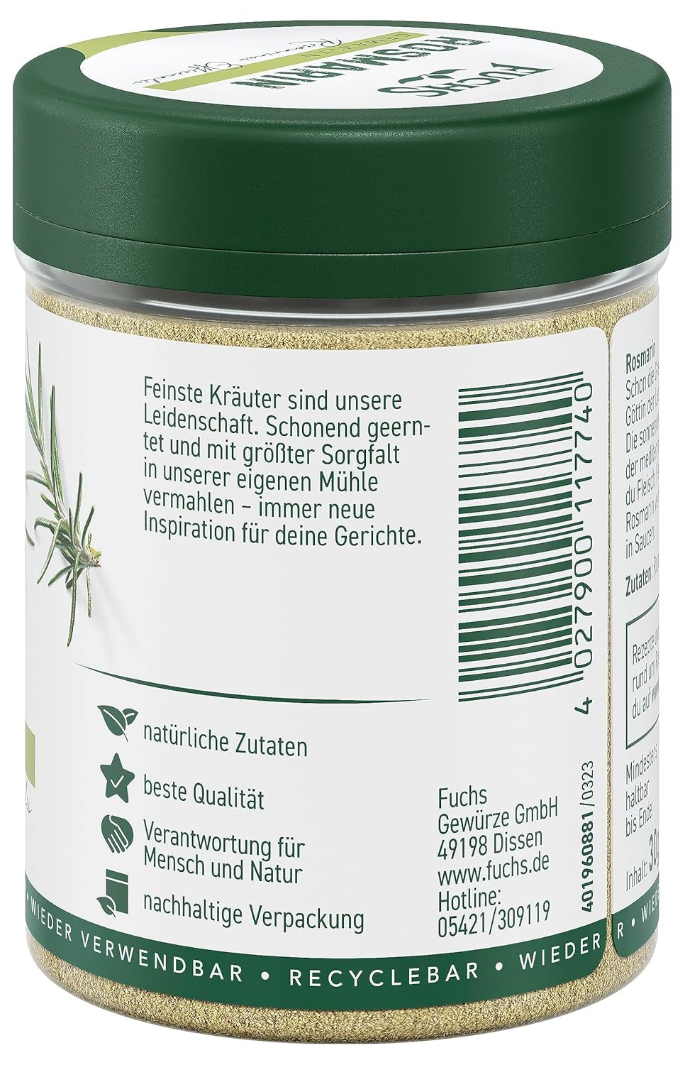 Fuchs Gewürze - Rosmarin gemahlen - zum Würzen von Fisch, Fleisch und Gemüse - naturlige ingredienser - 30 g i wiederverwendbarer, genbrugsbarer Dosis