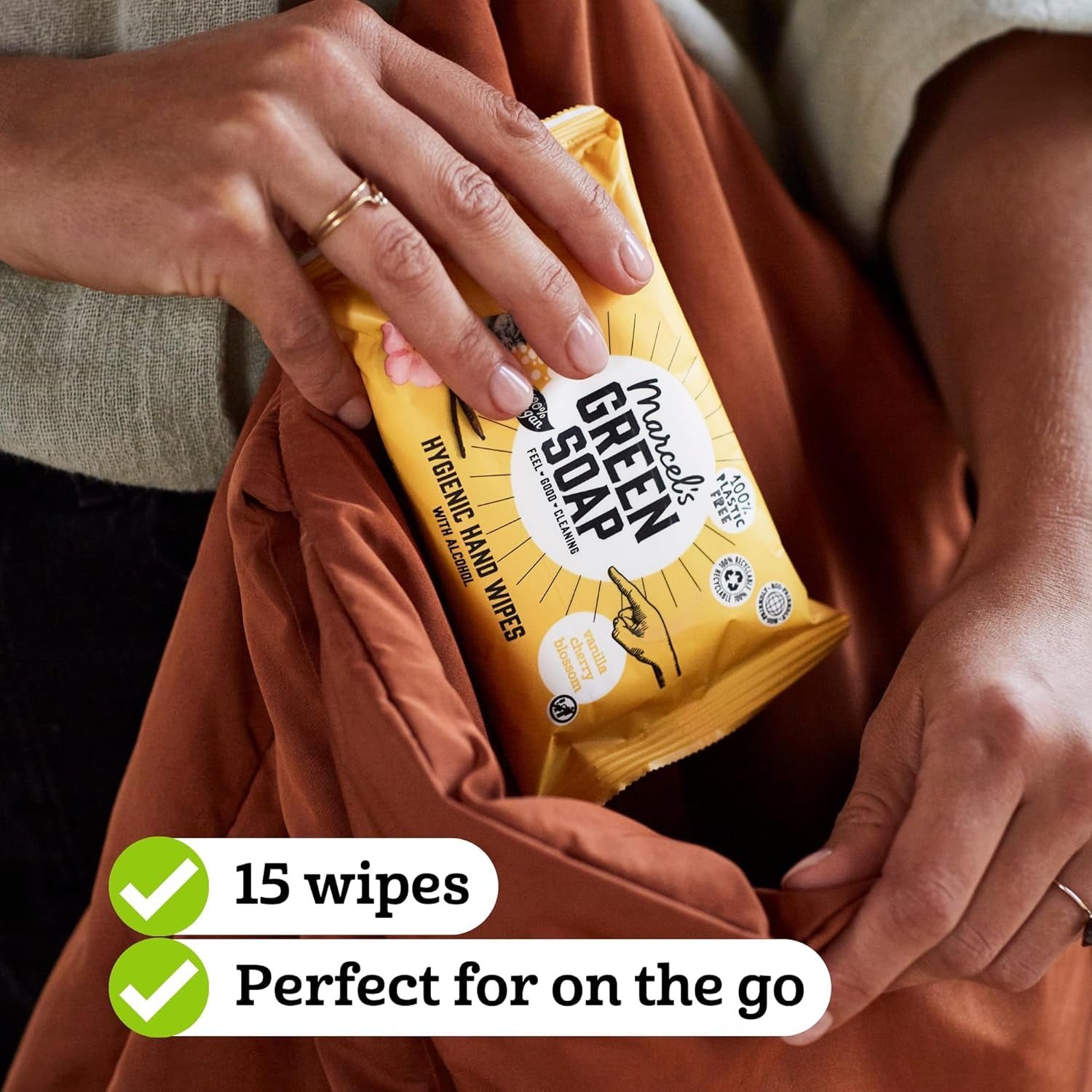 Marcel's grønne sæbe håndvådservietter 60 pakke - vanilje & kirsebærblomster - plantebaseret - økologisk