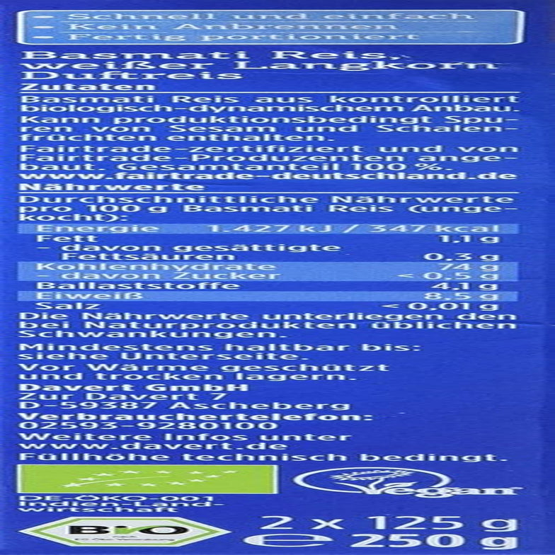 Davert økologiske basmatiris i kogeposer, 2 poser, 250g