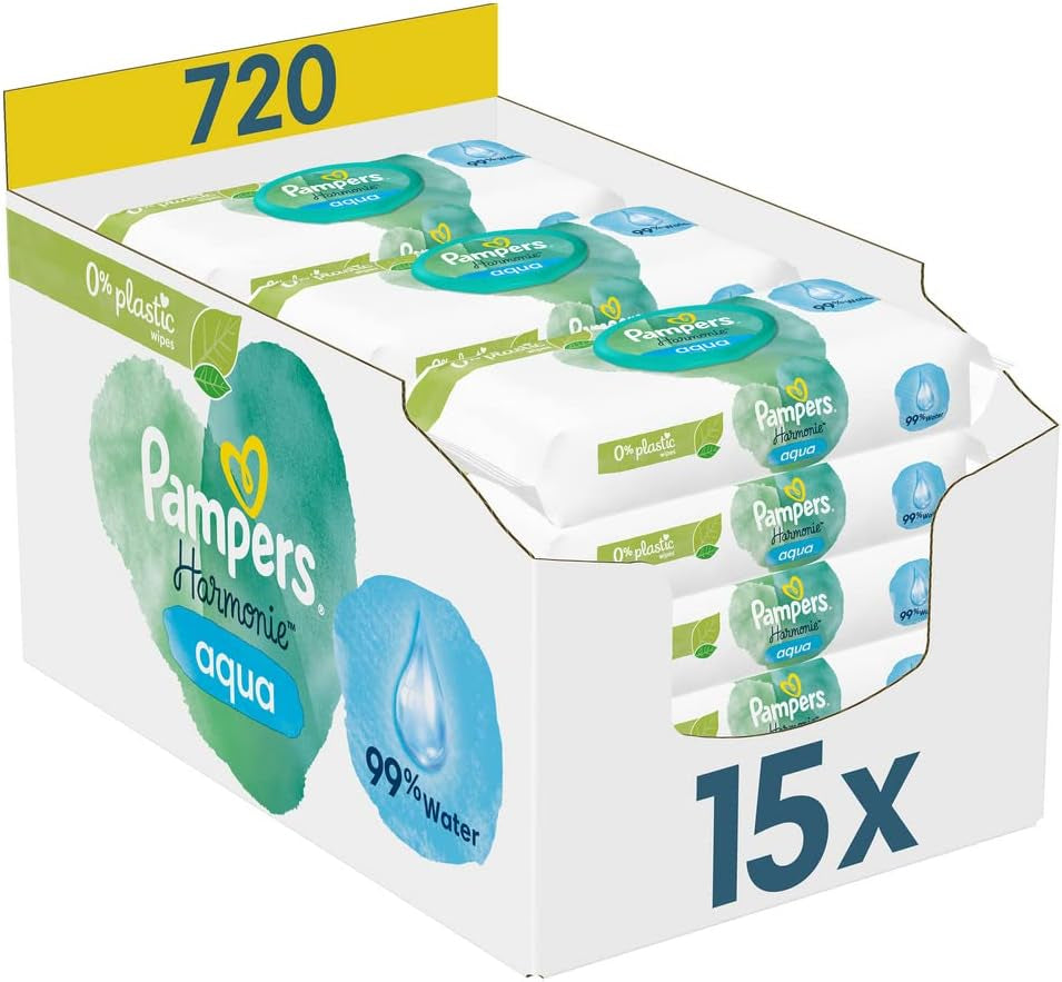 2320 Plus 2017 Refill Box (6-pack) og Pampers Harmony Aqua Baby Wet Wipes Box, 720 Wipes (15 x 48), skånsom hudbeskyttelse med 99 % vand