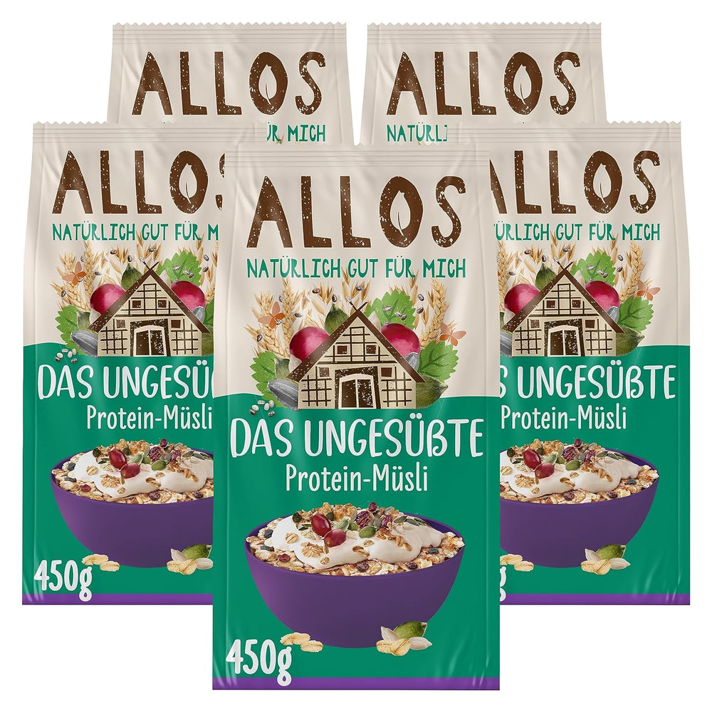 Allos usødet protein müsli | Økologisk müsli | Havregryn | Korn til morgenmad | Vegansk (5 x 450 g), 1 stk (pakke med 5)