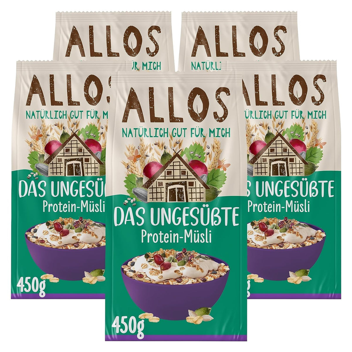 Allos usødet protein müsli | Økologisk müsli | Havregryn | Korn til morgenmad | Vegansk (5 x 450 g), 1 stk (pakke med 5)
