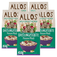 Allos usødet protein müsli | Økologisk müsli | Havregryn | Korn til morgenmad | Vegansk (5 x 450 g), 1 stk (pakke med 5)