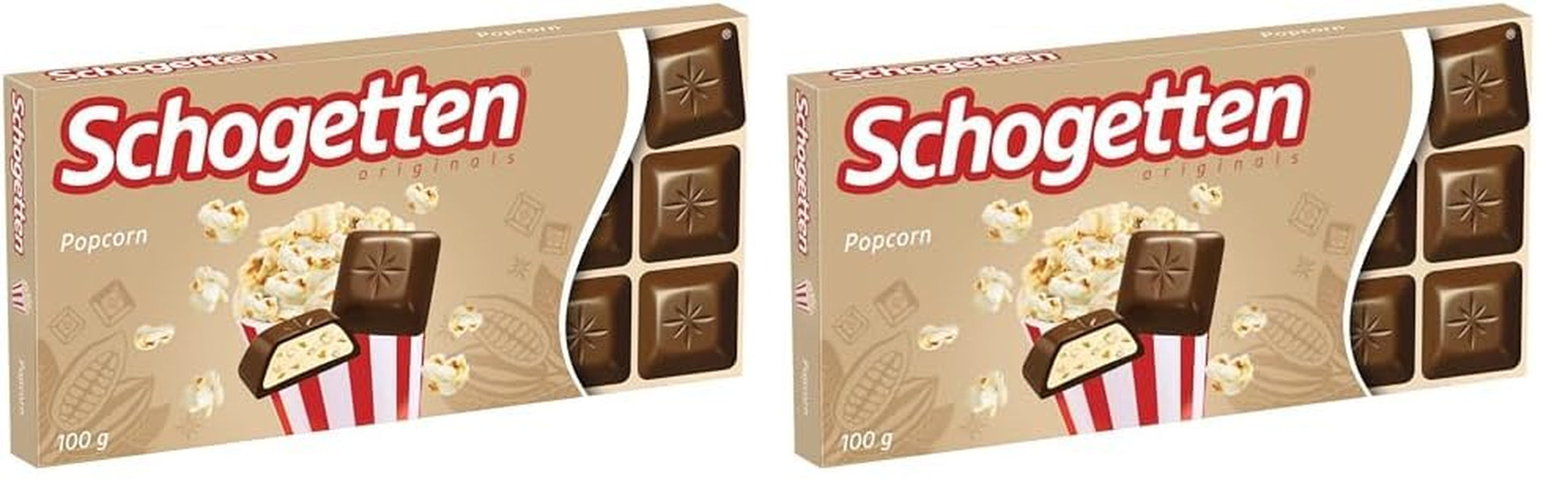 Schogetten popcorn 1 chokoladebar x 100g, mælkechokolade med popcorn og majsstykker, praktiske enkeltstykker. En delikatesse. Stykke for stykke.