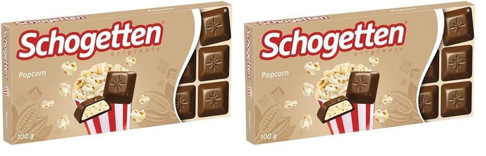 Schogetten popcorn 1 chokoladebar x 100g, mælkechokolade med popcorn og majsstykker, praktiske enkeltstykker. En delikatesse. Stykke for stykke.