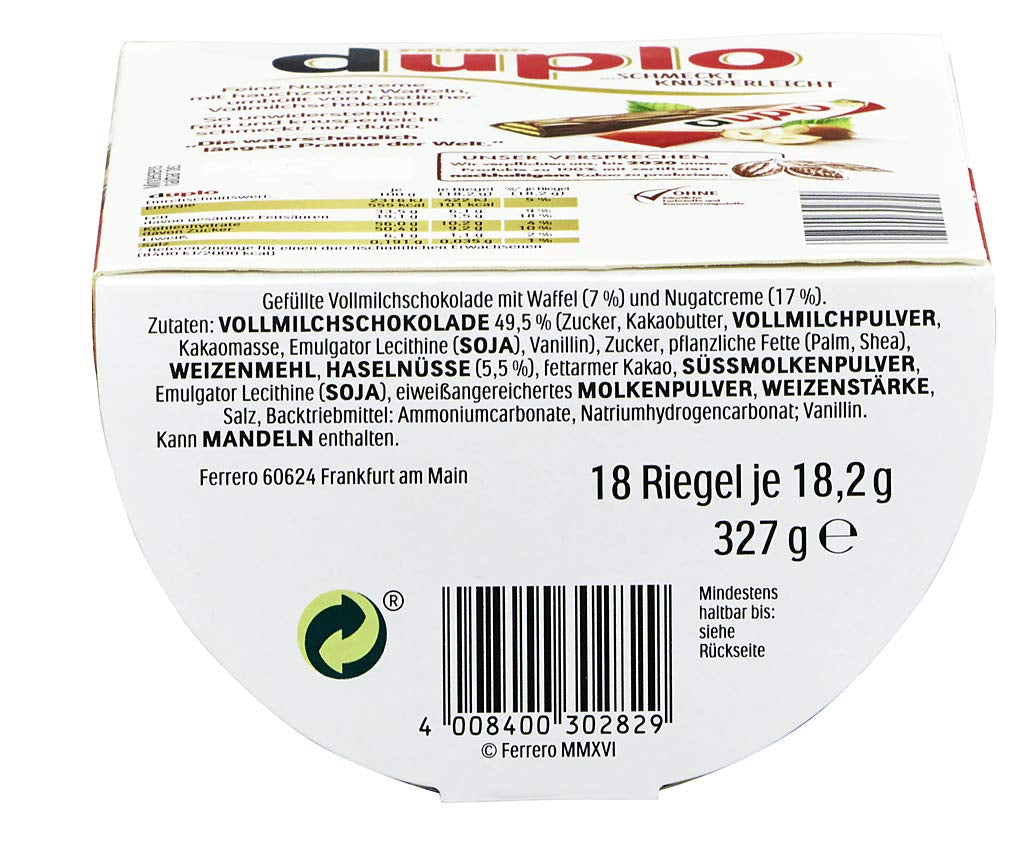 Ferrero duplo Large Pack - Chokoladebarer med fin nougatcreme, sprød oblat og fin mælkechokolade - Karneval og fastelavnsslik - 15 pakker med 18 individuelt indpakkede barer