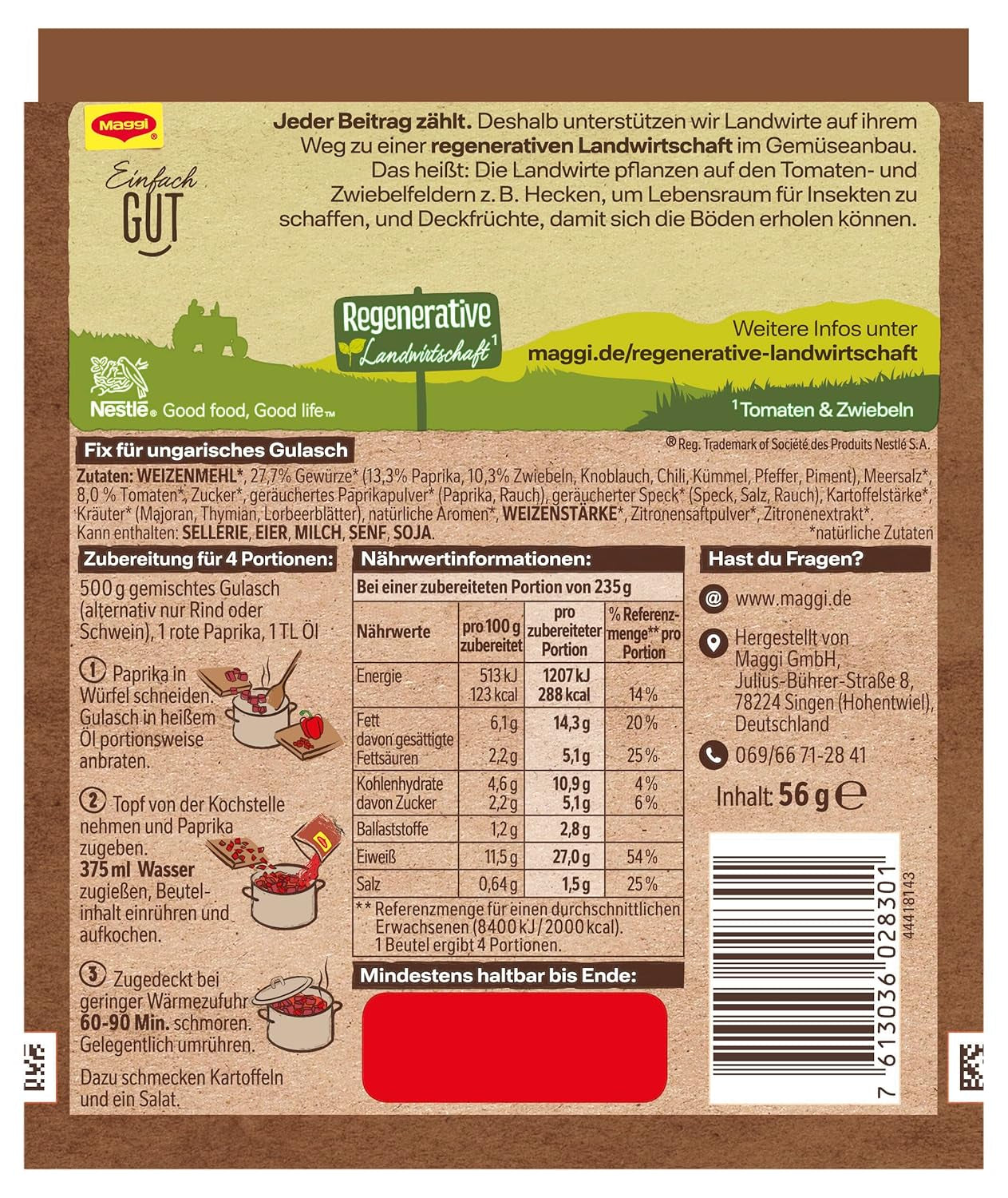 MAGGI Fix til ungarsk gullasch, Würzmischung, mit natürliche Ingrediens*, til 4 portioner, 1er Pack (1 x 56g Packung)