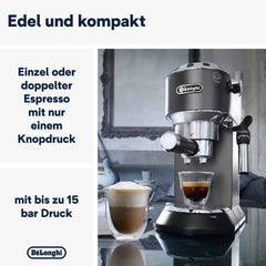 De'Longhi Dedica Style EC 685.B – Espressor cu portafiltru, espressor cu spumator de lapte profesional, doar 15 cm lățime, pentru cafea măcinată sau capsule ESE, rezervor de apă de 1 l, negru