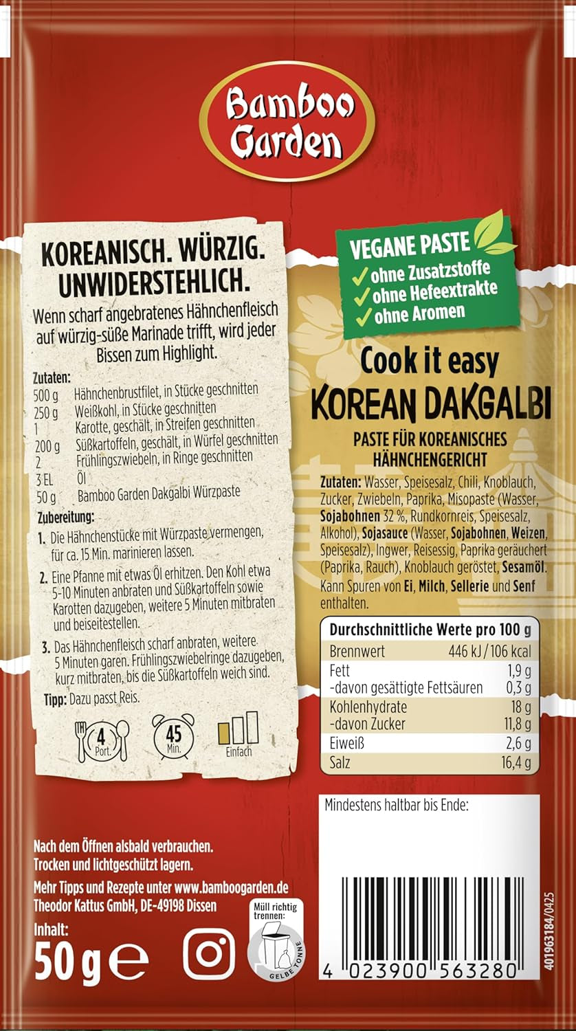Bambushave - koreansk Dakgalbi Würzpaste | Zum Marineren af ​​Hühnchen, Gemüse og Tofu | Til 4 portioner | Veganske, naturlige ingredienser | 50 g i pose