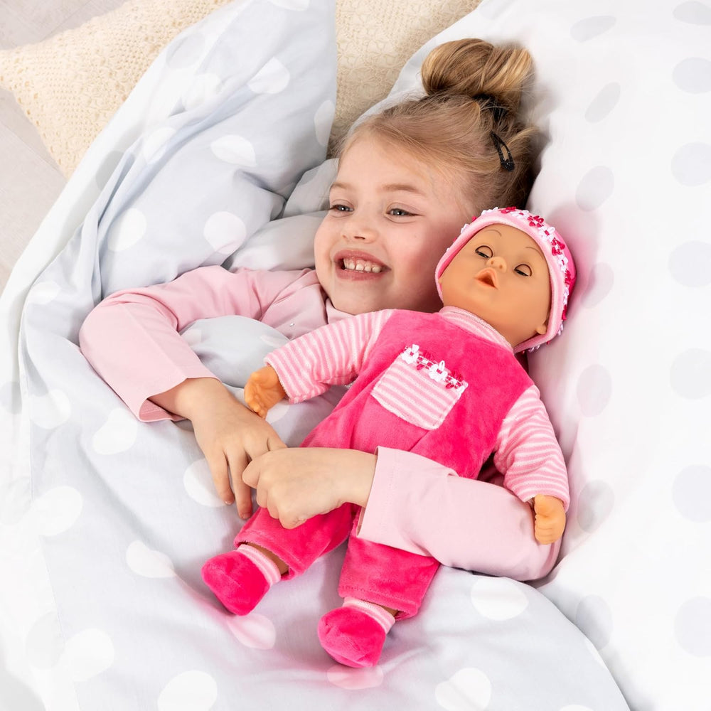 Bayer Design 93800-pink 93825AA Babypuppe First Words, Schlafaugen, spricht 24 Babylaute, weicher Körper, mit Schnuller und Flasche, 38 cm, pink