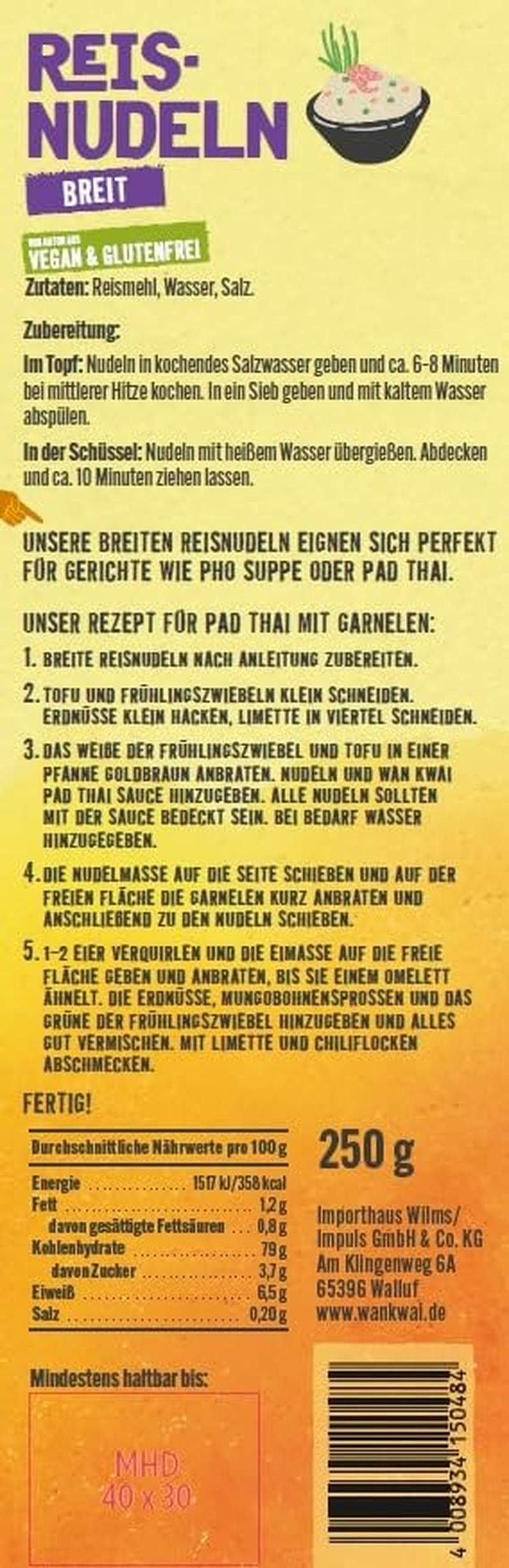 Wan Kwai Wide Rice Nudles 250g – Autentisk sort til Pad Thai, supper og mere. Vegansk og glutenfri. Klar på 8 minutter.