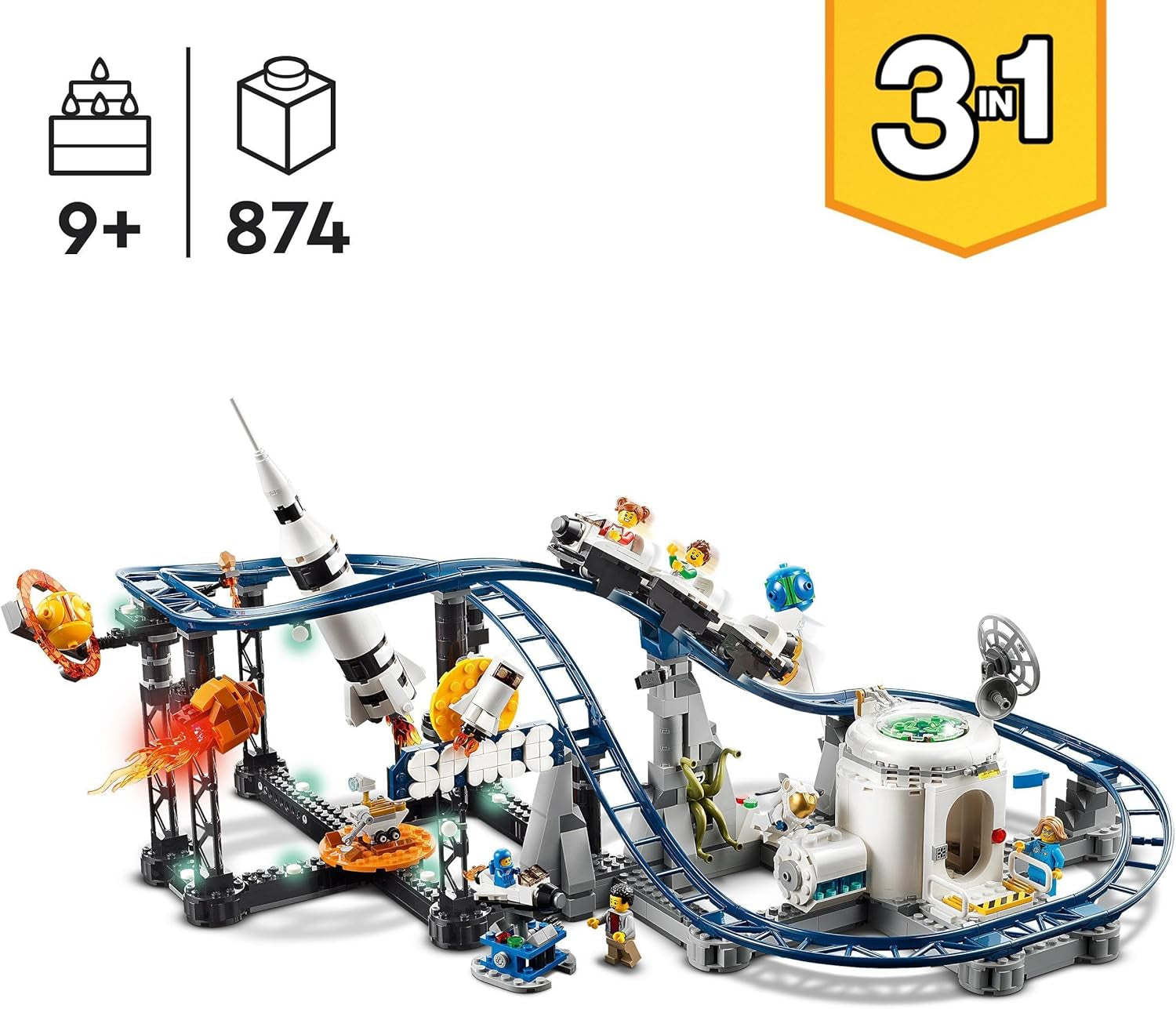 LEGO 31142 Creator 3-i-1 Space Rollercoaster Legetøjssæt til børn med arbejdsvogne, konverteres til et fritfaldstårn eller karrusel med raketter og glødende klodser Byggesæt Besuche den LEGO-Store