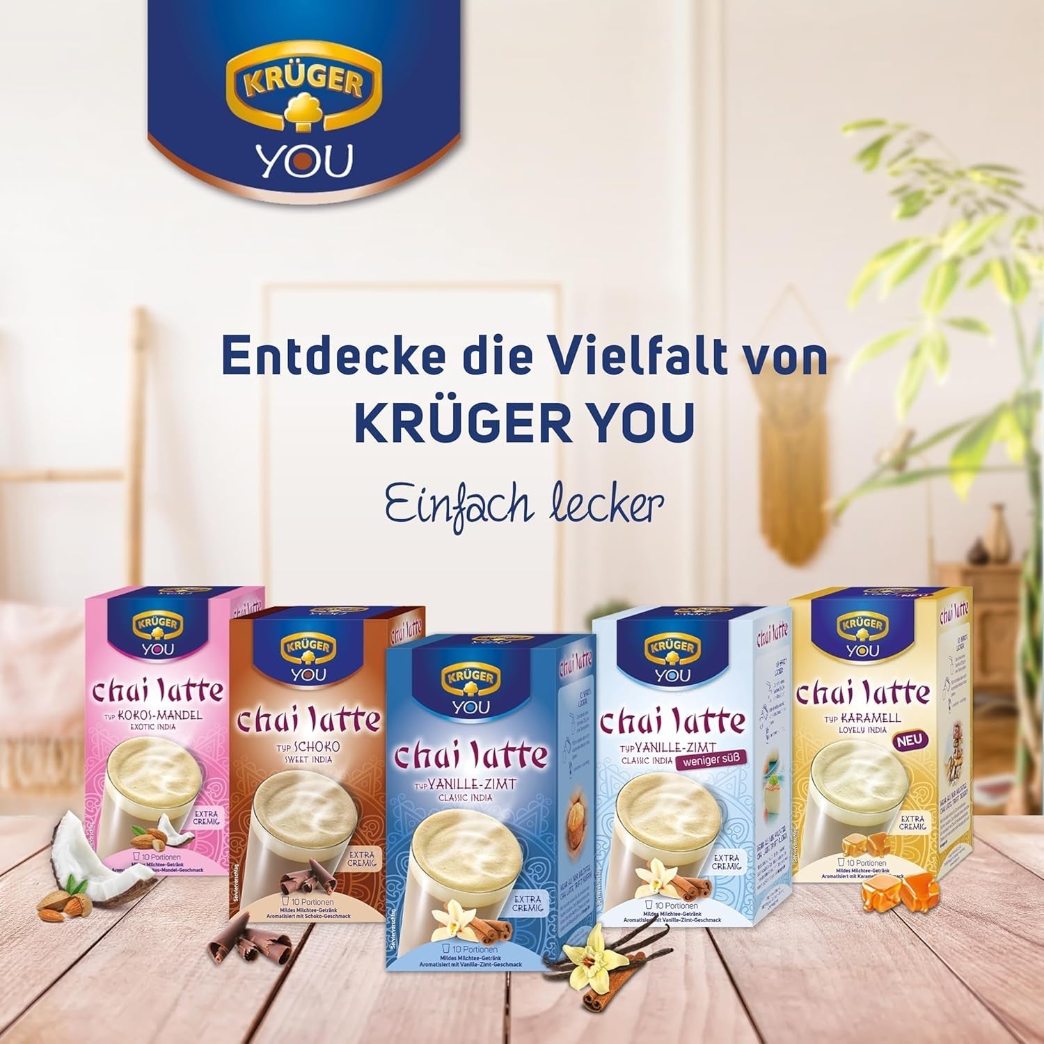 KRÜGER YOU Chai Latte Ciocolată, preparat instant pentru băuturi cu lapte, aromatizat cu ciocolată, 250 g (10 pliculețe de 25 g)