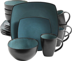 Set de veselă Gibson 99813.16R Elite Soho Lounge cu glazură reactivă pentru 4 persoane, 16 piese, efect bicolor albastru-verde/negru