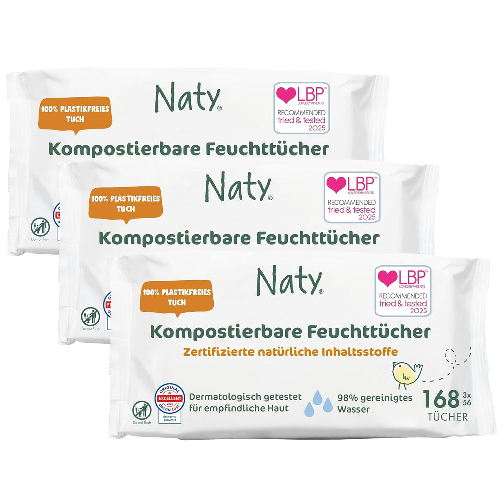 Naty babyservietter | 100% urte- og duftfri til følsom hud | Plastfrie og certificerede komposterbare servietter med 98 % renset vand | 672 servietter (12 pakker)