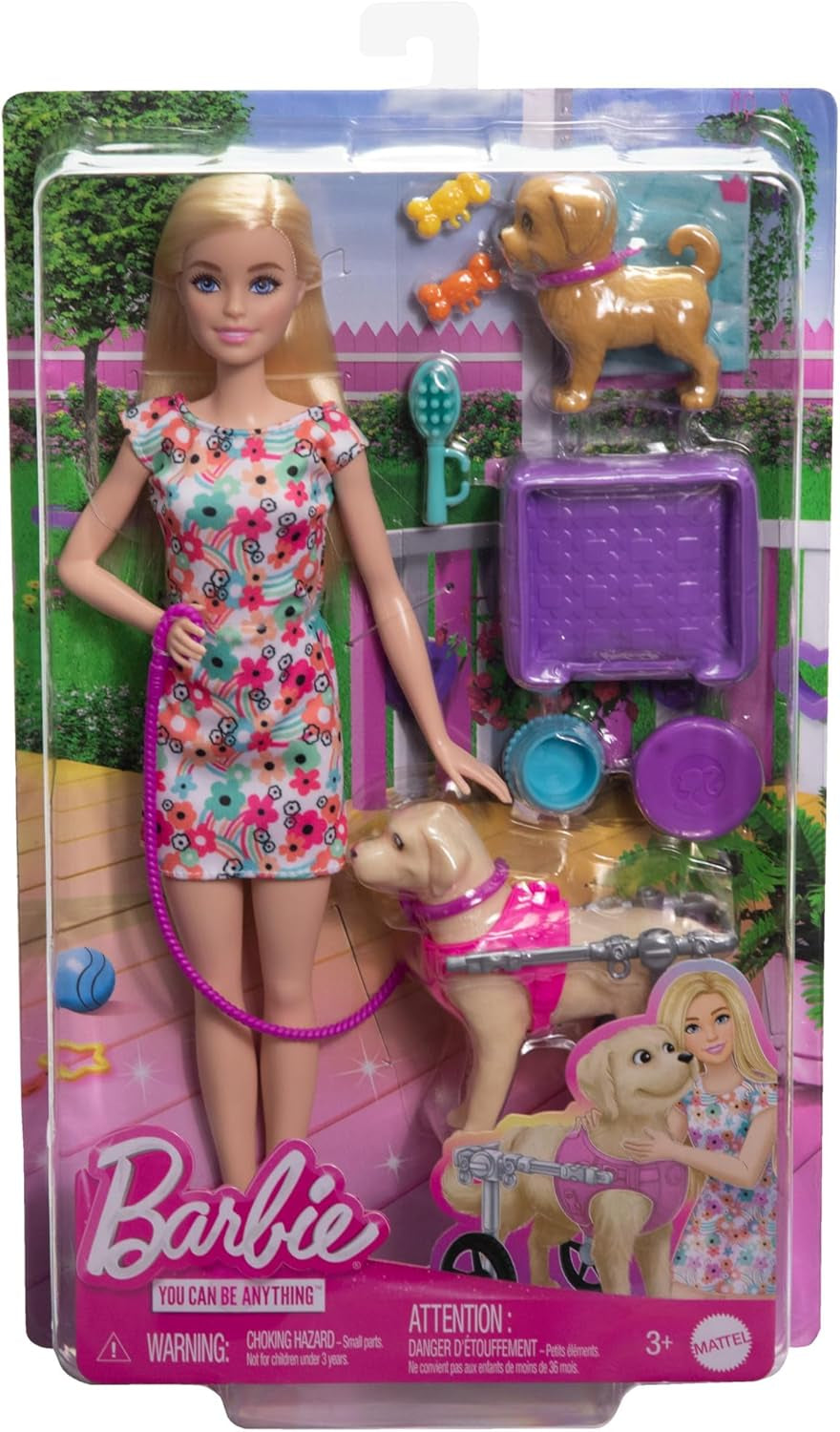 Barbie Dog Duo Duo og tilbehør, inklusive lille hund og stor hund med kørestol, snor, madskål, kæledyrsseng og godbidsknogler, fra 3 år og opefter, HTK37 Naty Shop Dolls