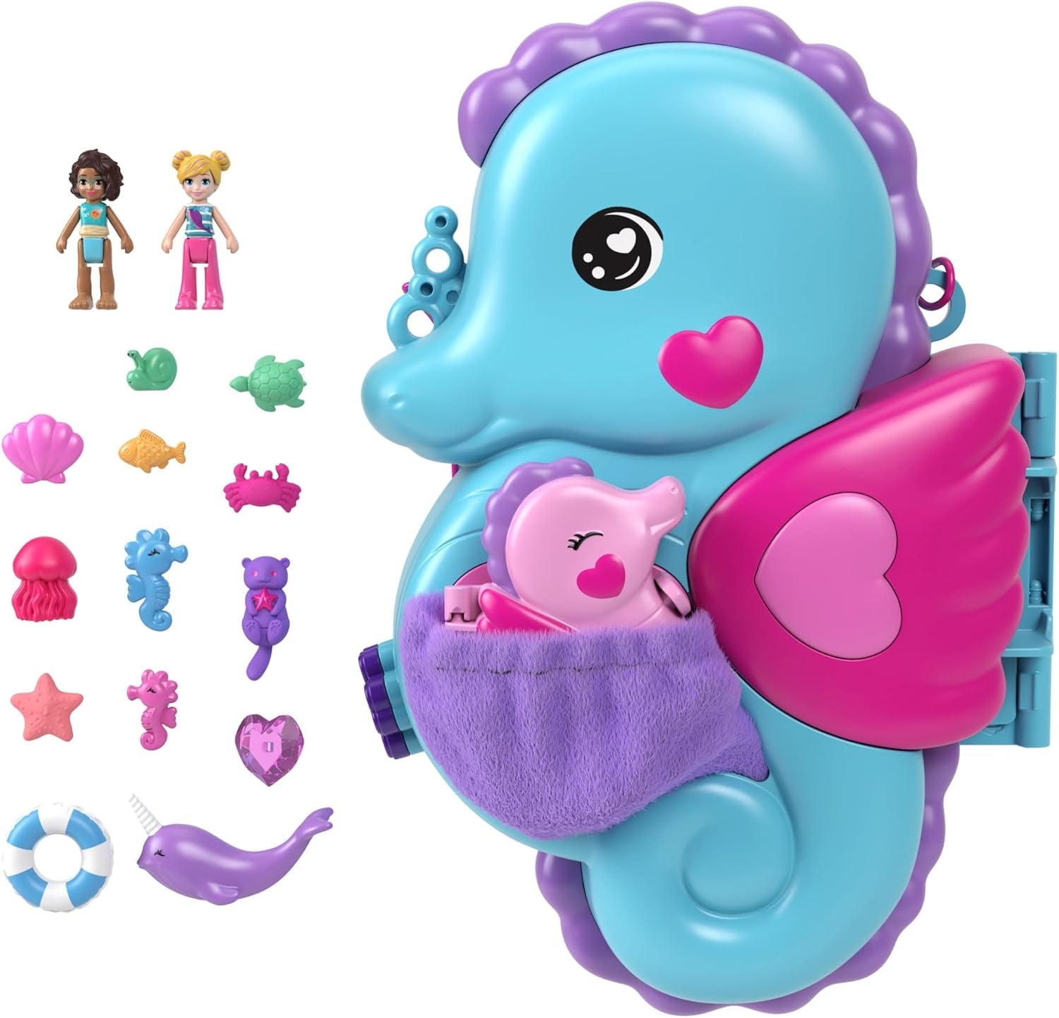 Polly Pocket Coffin Underwater Theme Wrap Around Shell Taske med 2 dukker og 1 ubåd Polly Pocket Mermaid Legetøj Age 4 GNH11 Naty Shop Dolls Seahorse Bag