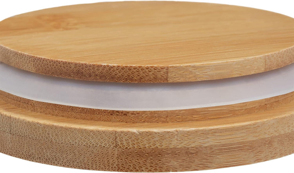 Borcane de depozitare Relaxdays cu capace din bambus, set de 3, borcane rotunde din sticlă, 1000 ml, etanșe, transparente/naturale, 18 x 10 cm Cutii depozitare alimente Naty Shop