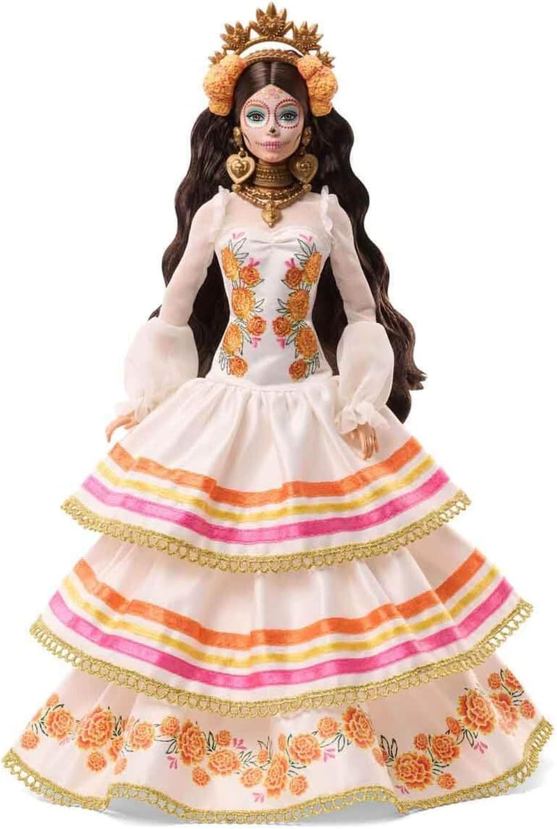 Păpușa Barbie Signature, Ziua Morților 2025, figurină de colecție cu rochie crem cu volane, flori de gălbenele și funde, coroană de flori în păr și vopsea facială Calavera, JBJ05