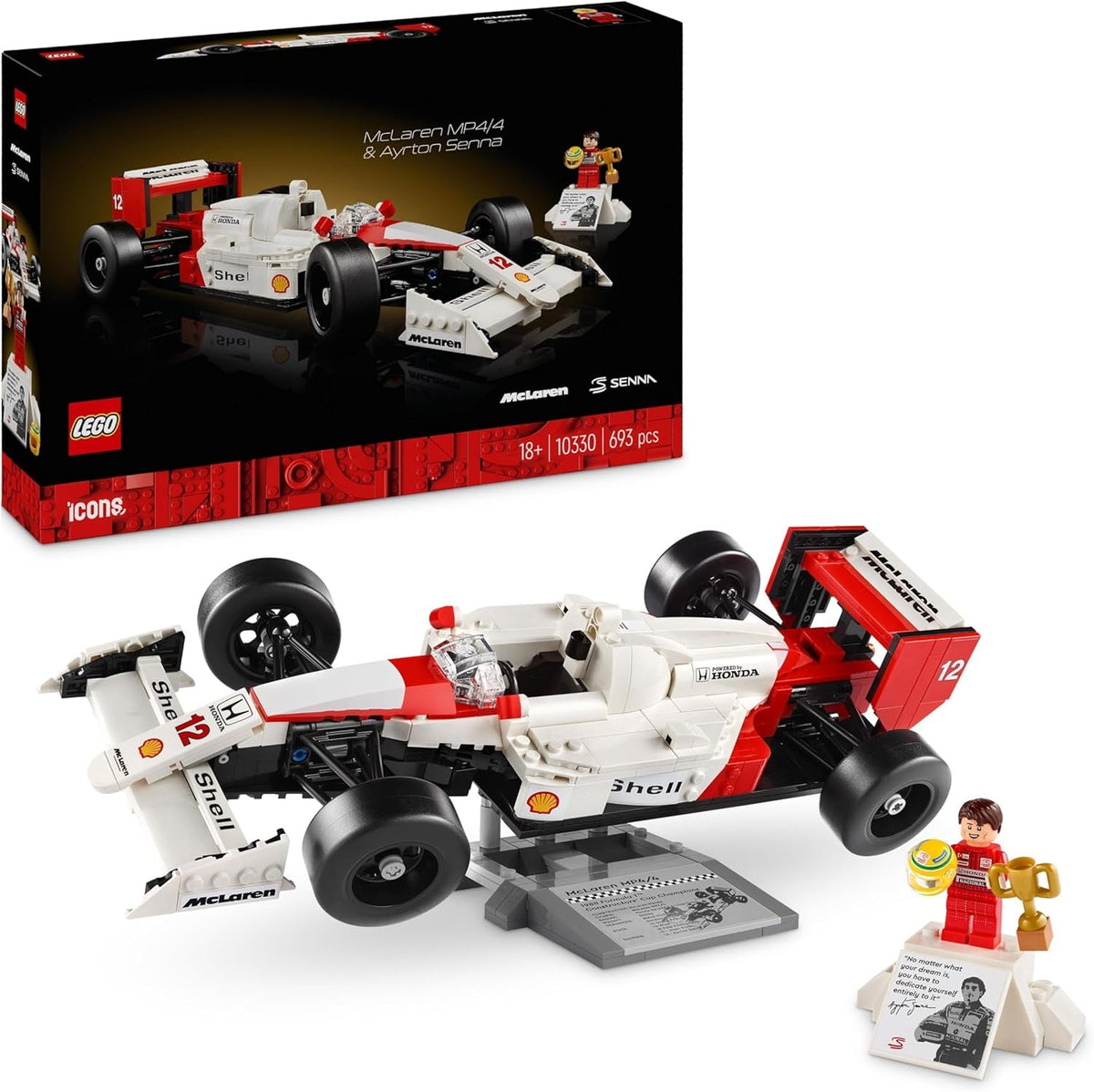 LEGO Icons Mclaren MP4/4 & Ayrton Senna modelbilsæt, F1 racerbilsæt til voksne med racer-minifigur, samleobjekt, gaveidé til mænd, kvinder, ham og hende 10330 byggesæt Besuche den LEGO-Store Single
