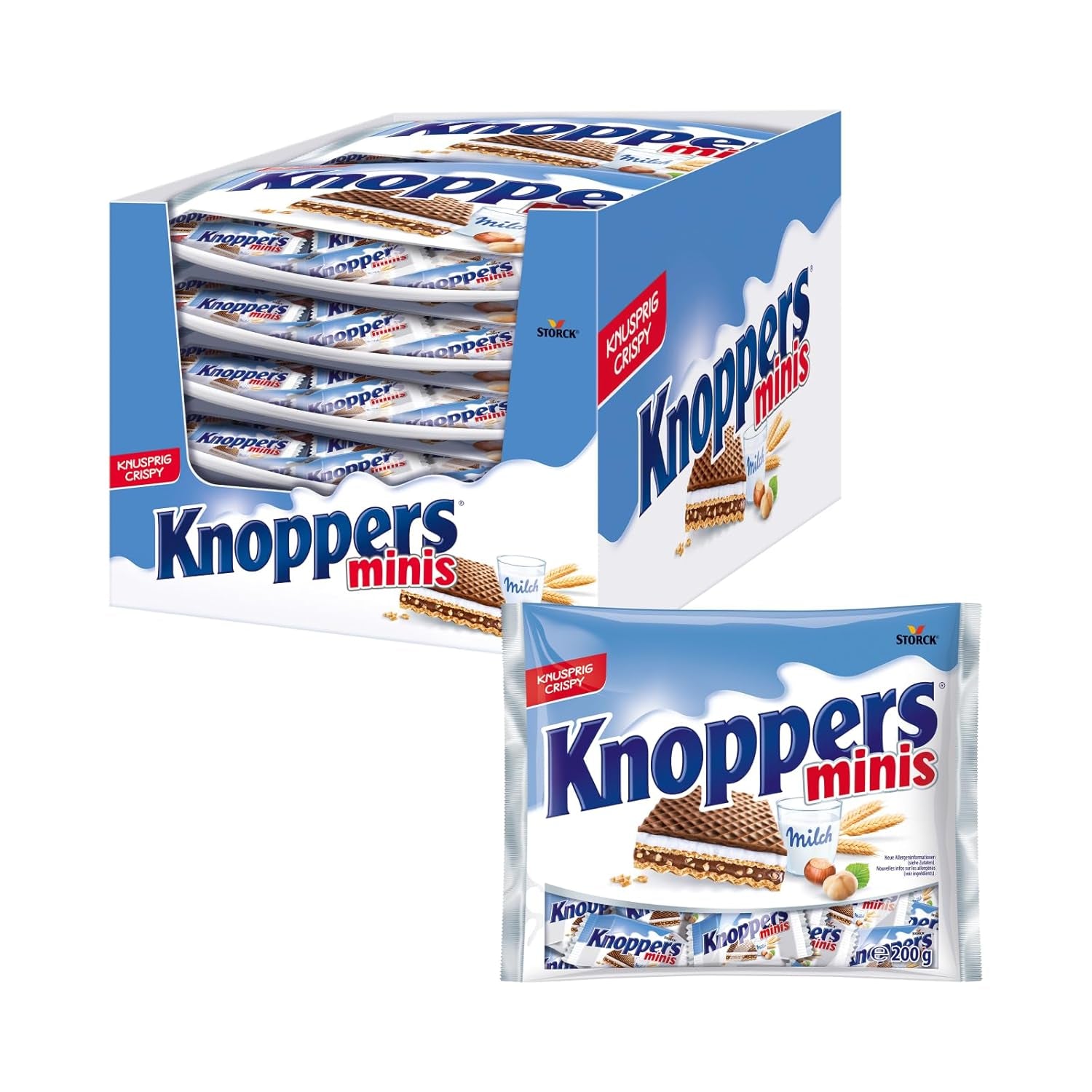 Hvide og sorte Knoppers – 8 x 25 g – Vaffelskiver fyldt med mørke kakaoblater, stykker af sorte kiks, mælk og nougatcreme