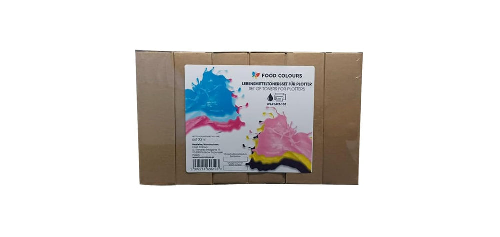 Set de coloranți alimentari cu cerneluri comestibile pentru plottere 6 x 100 ml | Cyan deschis | Cyan | Magenta deschis | | Magenta | Galben | Negru | Imprimare comestibilă, Imprimare pe hârtie tip wafer, adaos decorativ pentru prăjituri