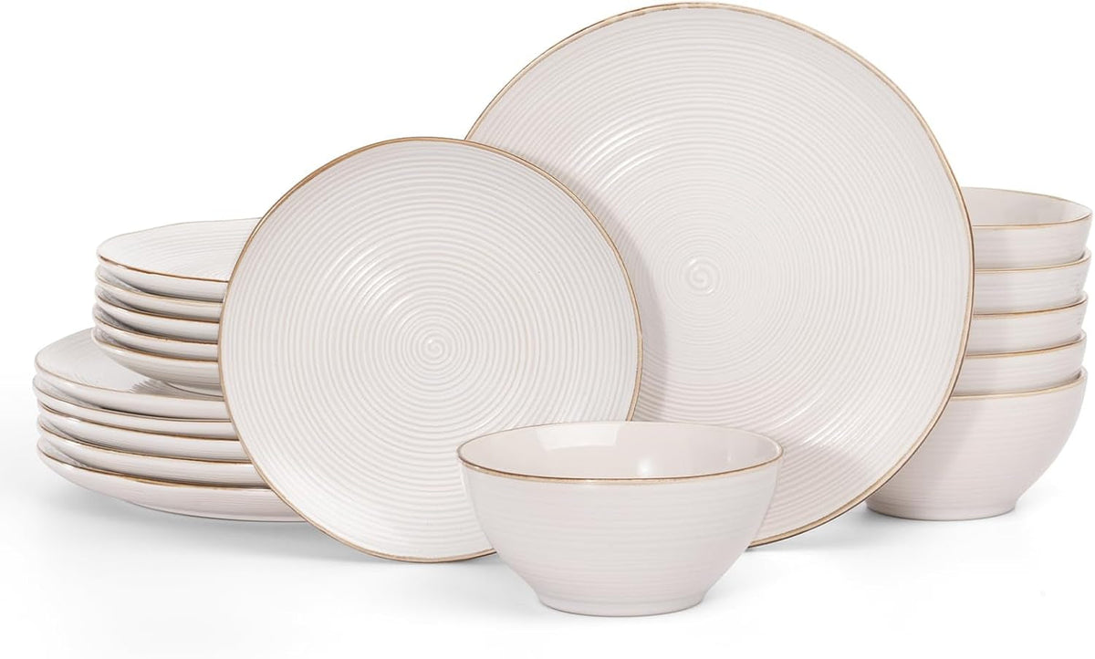 Set de veselă Tempus Series, Set de veselă pentru 6 persoane, Set de veselă din gresie, Set de farfurii cu 18 piese, Glazură reactivă, Potrivit pentru cuptorul cu microunde și mașina de spălat vase, Alb antic