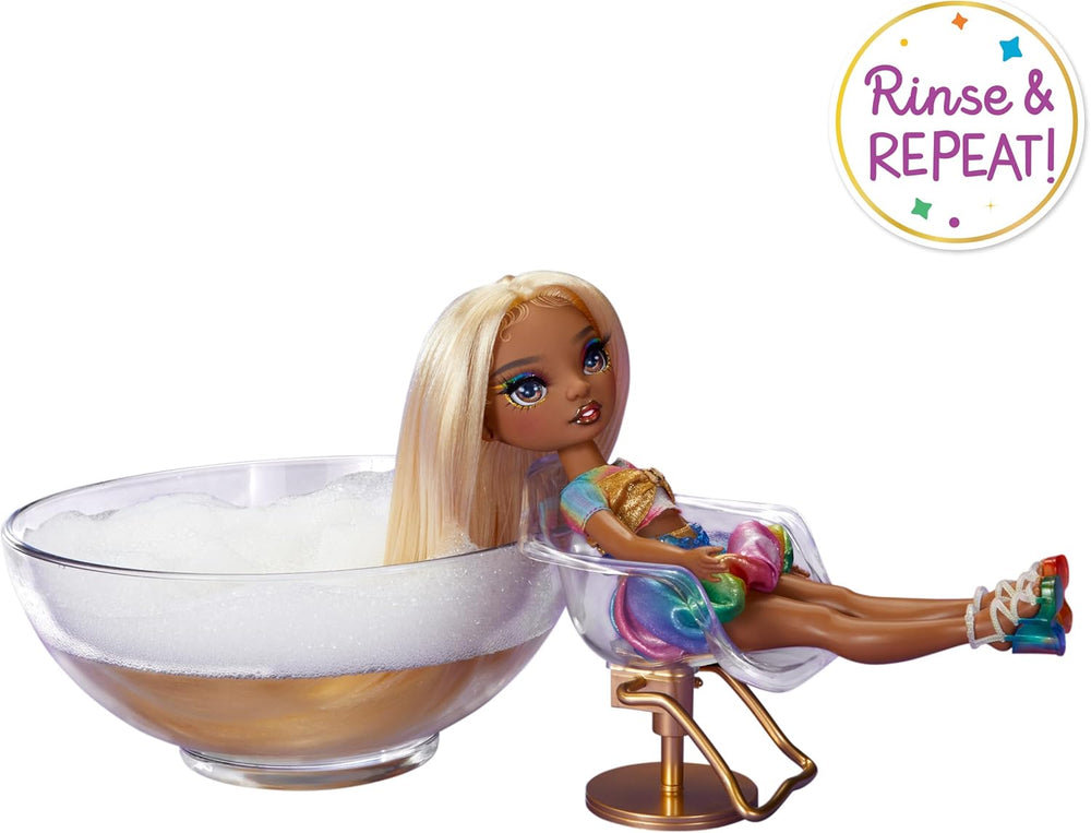 Păpușă Rainbow High Hair Chalk & Styling - Meline - Păpușă de 28 cm în culori curcubeu și auriu, cretă de păr lavabilă, colorare, coafare, joacă, clătire și repetiție, pentru copii cu vârsta cuprinsă între 4 și 12 ani