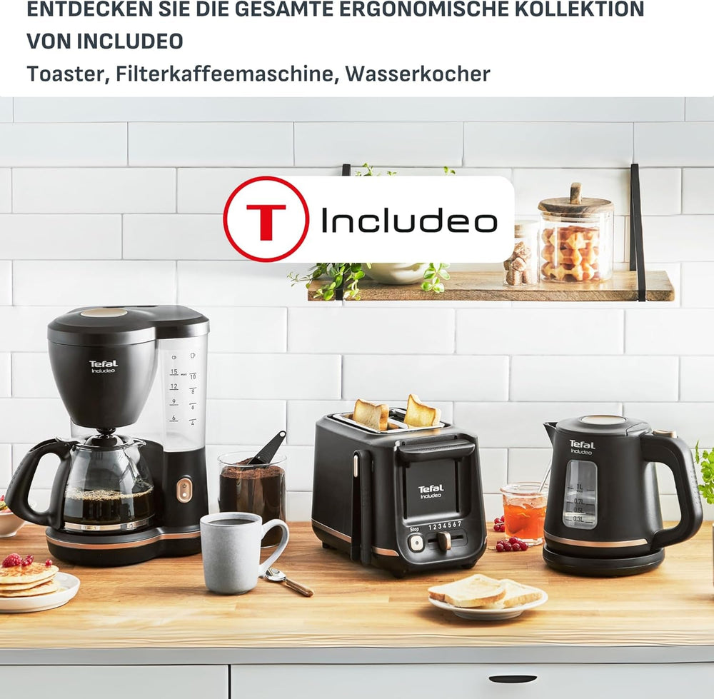 Espressor cu filtru Tefal Includeo, espressor extrem de ușor de utilizat, potrivit pentru dreptaci și stângaci, deschidere automată a capacului, 1,25 l, 10 până la 15 cești, CM533811