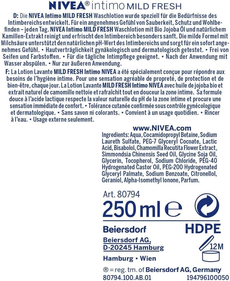 NIVEA, Loțiune de spălare intimă cu acid lactic, extract de mușețel și ulei organic de jojoba, 250 ml Duș și baie Naty Shop