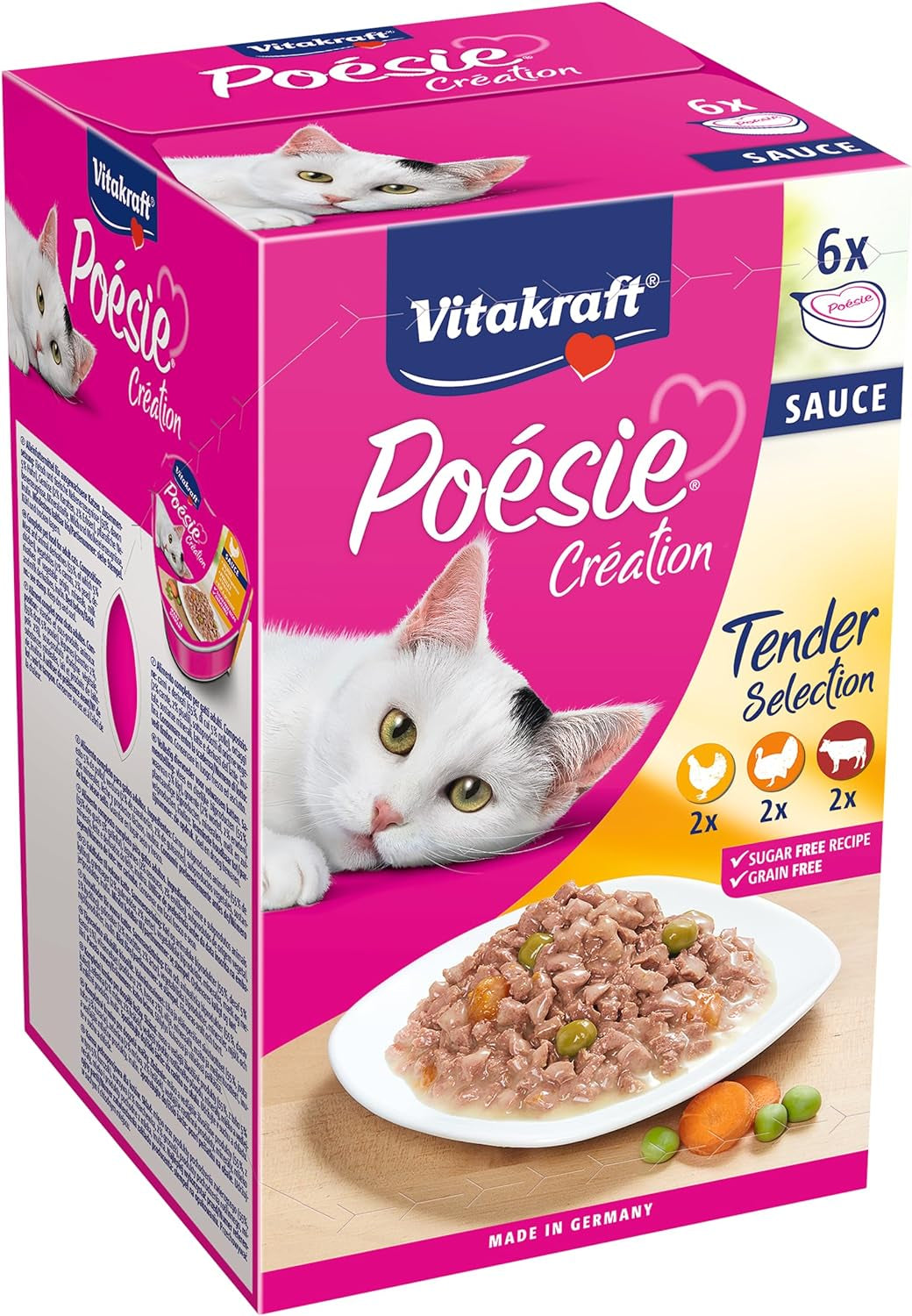 Vitakraft Poésie Création, Tender Selection, Hrană umedă pentru pisici, Hrană umedă pentru pisici în sos, cu pui, cu curcan, cu vită, fără adaos de zahăr și cereale (1 pachet de 6 x 85g)