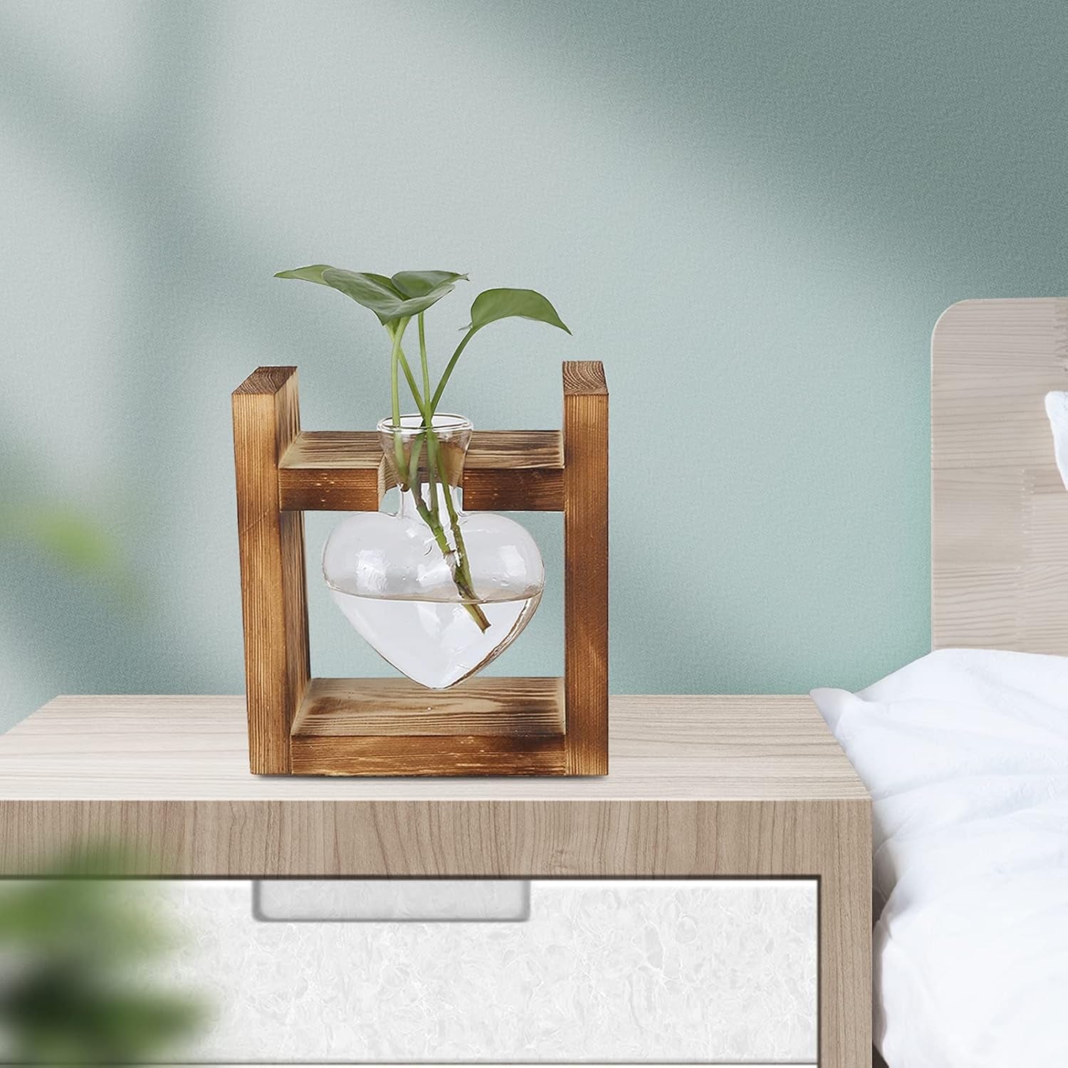 Planteterrarium i træ, hjerteformet bordpladevase, hydroponiske planter i klart glas til udsmykning af hjemmet, hydroponisk blomsterdekoration til kontor, stue, køkken (A)